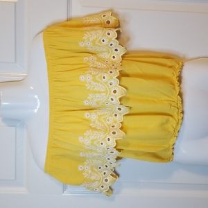 Self Esteem Womens Yellow Crop Top Open Shoulder White Floral Embroidered Eyelet